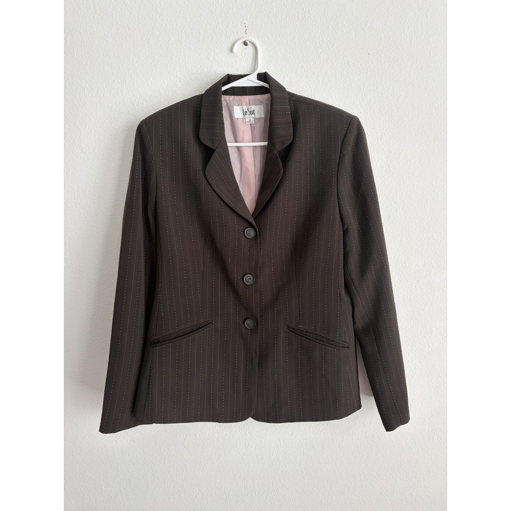 Le Suit Blazer Jacket Womens 12 Brown Pinstripe Notch Lapel Business Office Wear